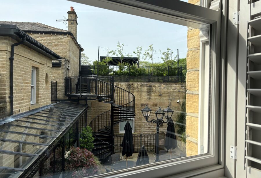 Looking out of the bedroom window at Manor House Lindley.