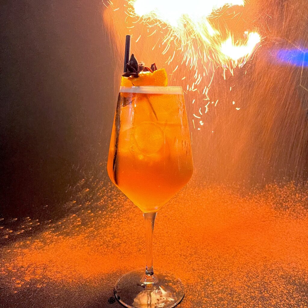 A close-up of Flaming Cocktail at Manor House Lindley