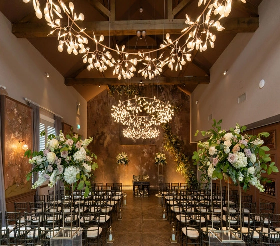 The wedding venue at Manor House, decorated for a wedding