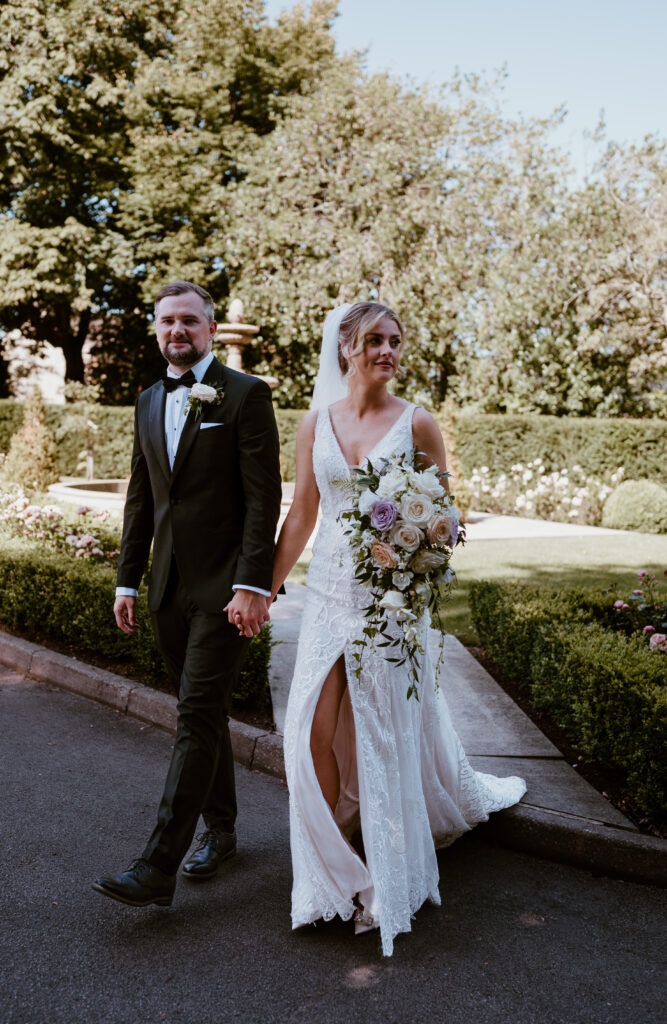 Bride Bonnie and Groom Luke outside Manor House Lindley